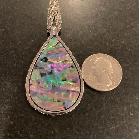 Iridescent Faux Abalone Shell Teardrop Pendant Necklace - Mother of Pearl Finish - Picture 7 of 10